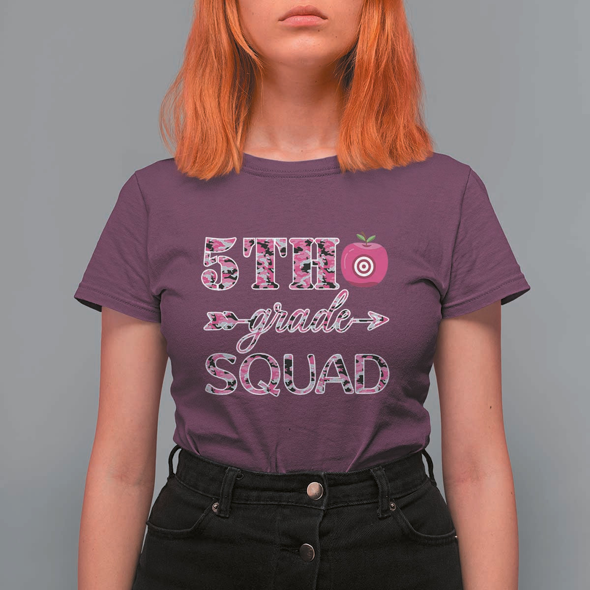 Funny Back To School Hunting T Shirt For Women 5TH Grade Squad Pink Camo Flag Apple Arrow - Wonder Print Shop
