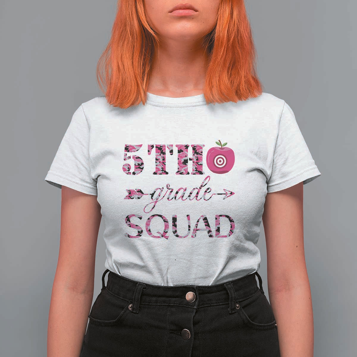 Funny Back To School Hunting T Shirt For Women 5TH Grade Squad Pink Camo Flag Apple Arrow - Wonder Print Shop