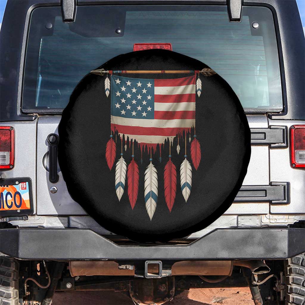 Native American Vintage Feathers USA Flag Spare Tire Cover - Wonder Print Shop