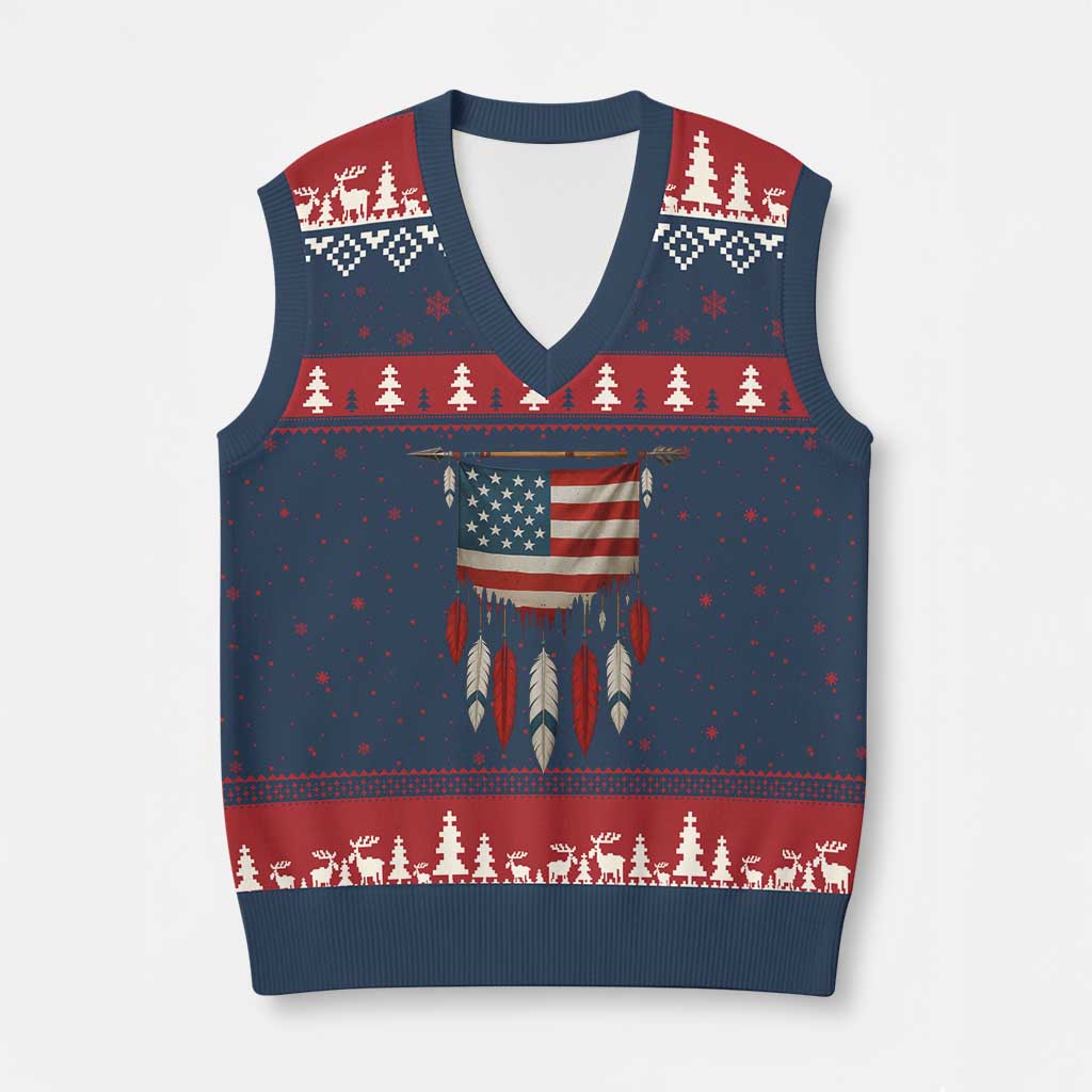 Native American Vintage Feathers USA Flag V-Neck Knit Sweater Vest - Wonder Print Shop