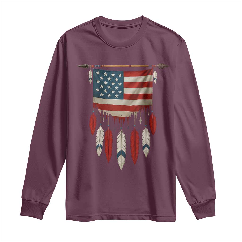 Native American Vintage Feathers USA Flag Long Sleeve Shirt - Wonder Print Shop