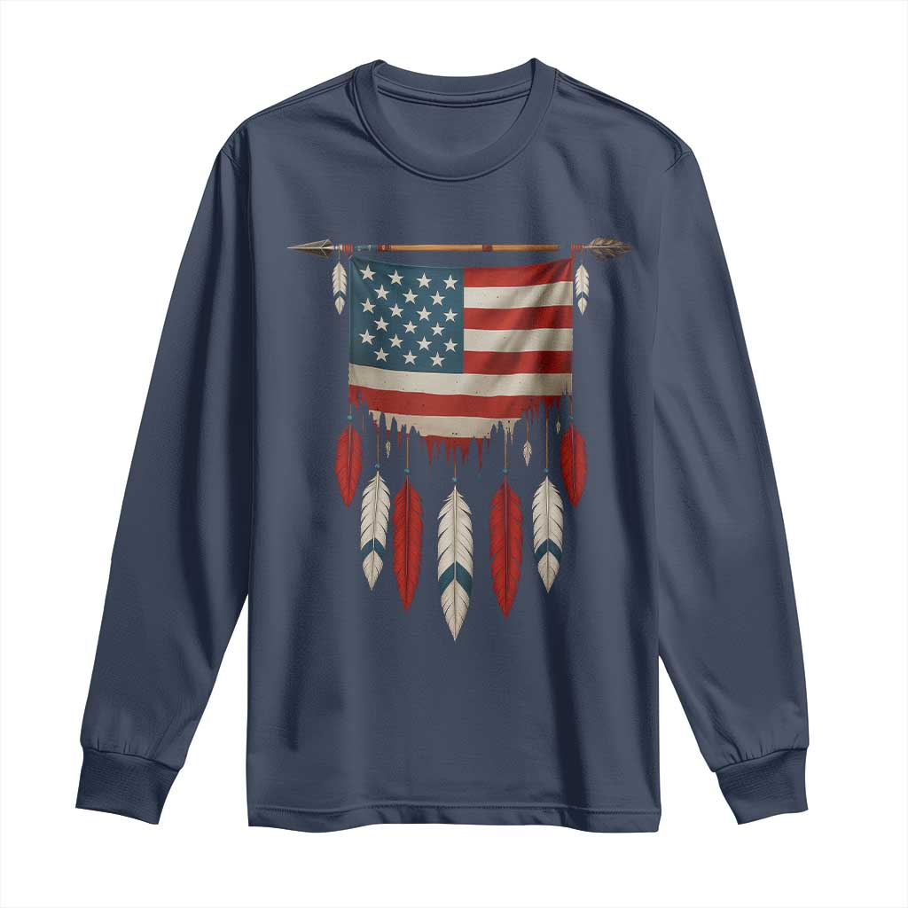 Native American Vintage Feathers USA Flag Long Sleeve Shirt - Wonder Print Shop