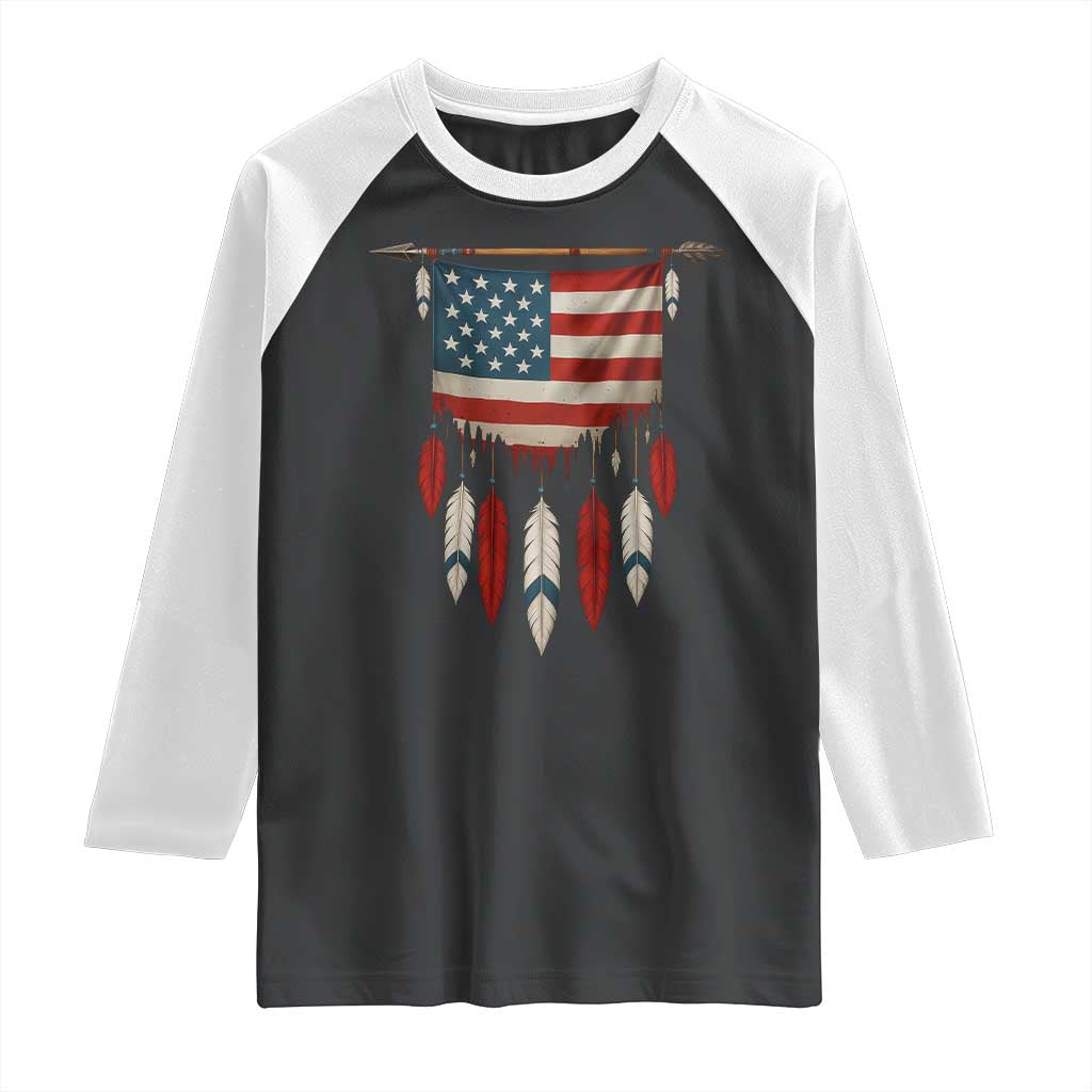 Native American Vintage Feathers USA Flag Raglan Shirt - Wonder Print Shop