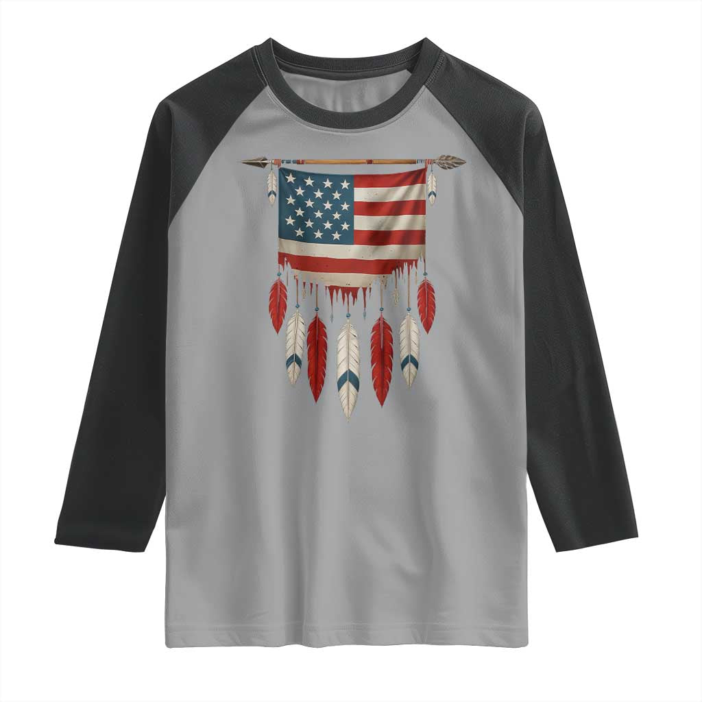Native American Vintage Feathers USA Flag Raglan Shirt - Wonder Print Shop