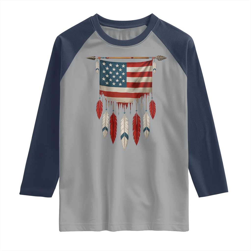 Native American Vintage Feathers USA Flag Raglan Shirt - Wonder Print Shop
