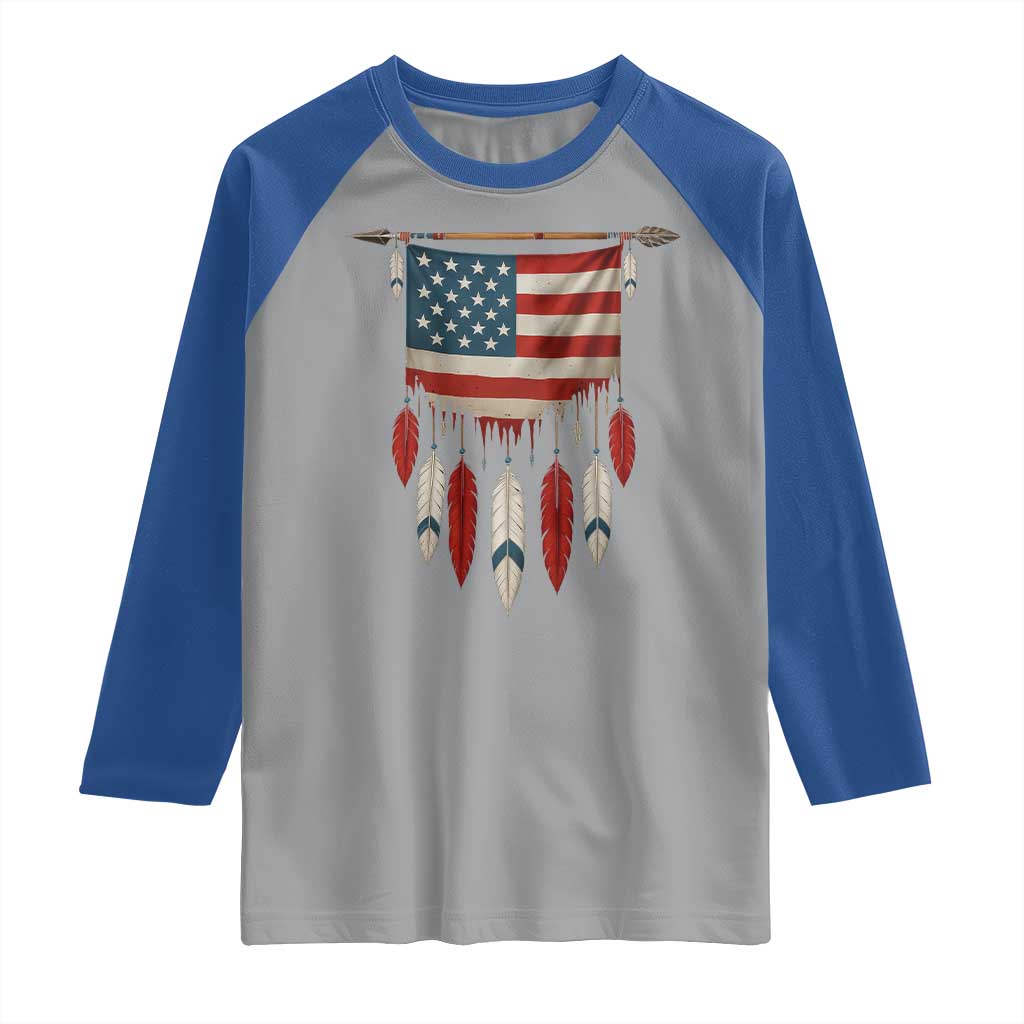 Native American Vintage Feathers USA Flag Raglan Shirt - Wonder Print Shop