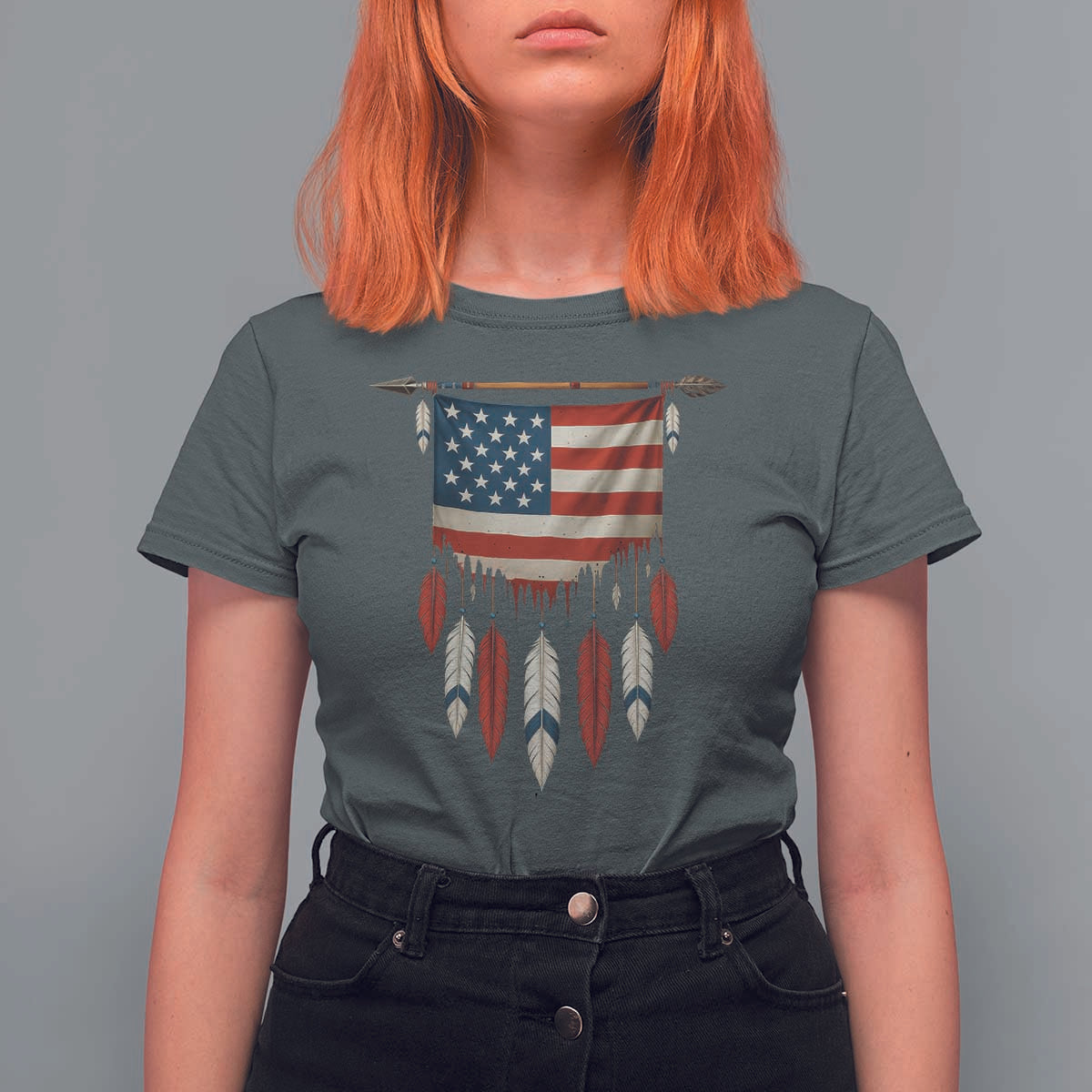 Native American Vintage Feathers USA Flag T Shirt For Women - Wonder Print Shop