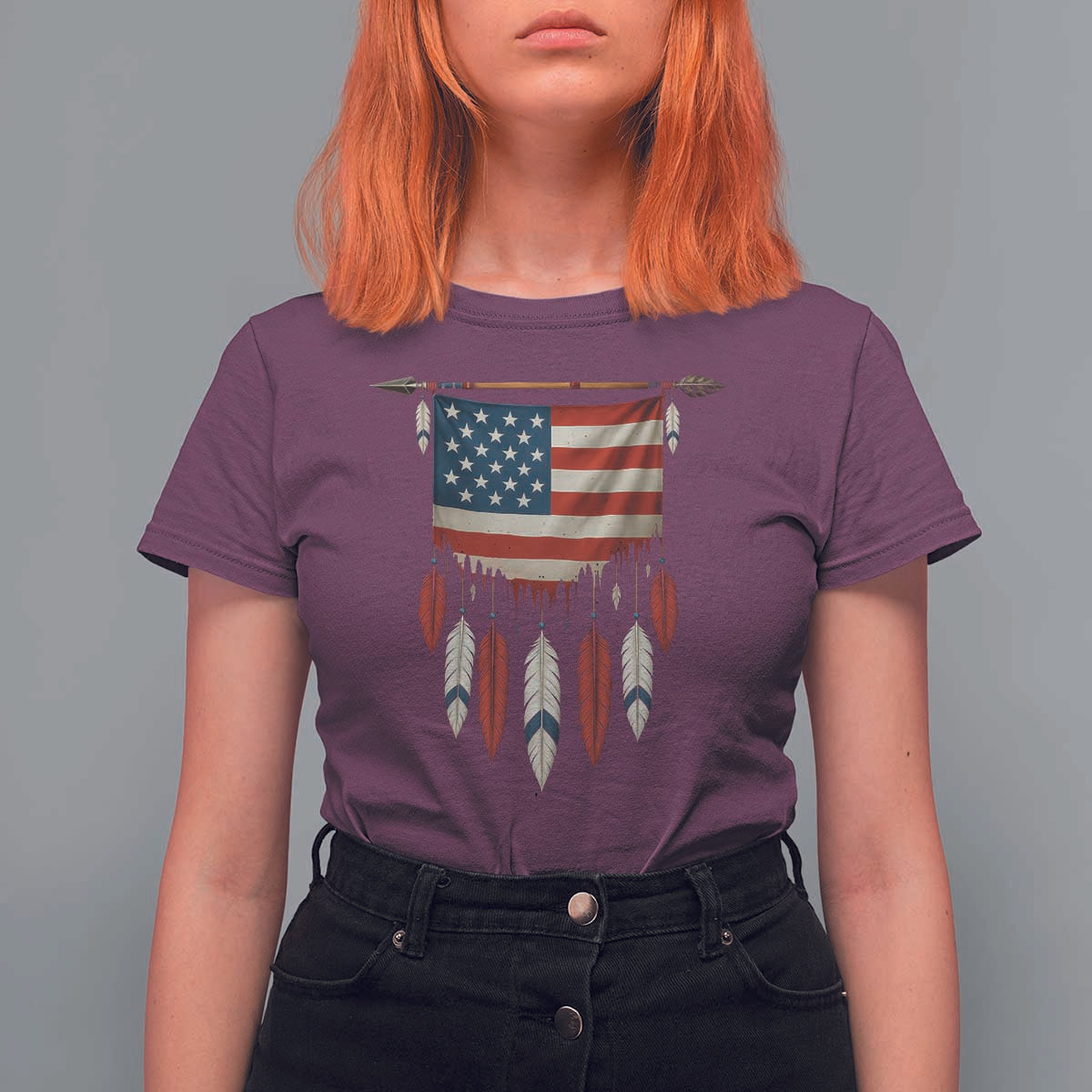 Native American Vintage Feathers USA Flag T Shirt For Women - Wonder Print Shop