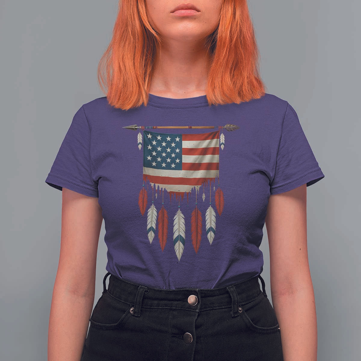 Native American Vintage Feathers USA Flag T Shirt For Women - Wonder Print Shop