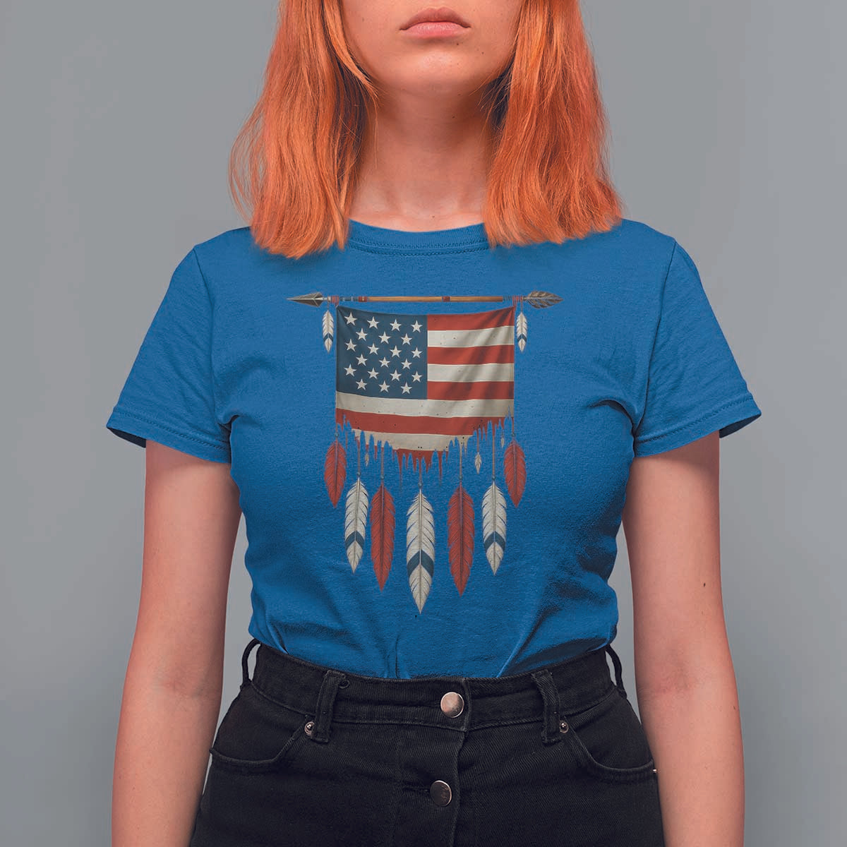 Native American Vintage Feathers USA Flag T Shirt For Women - Wonder Print Shop
