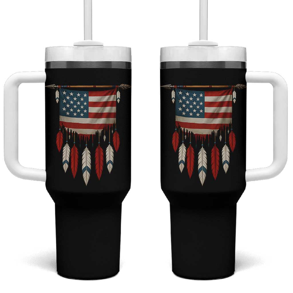 Native American Vintage Feathers USA Flag Tumbler With Handle - Wonder Print Shop