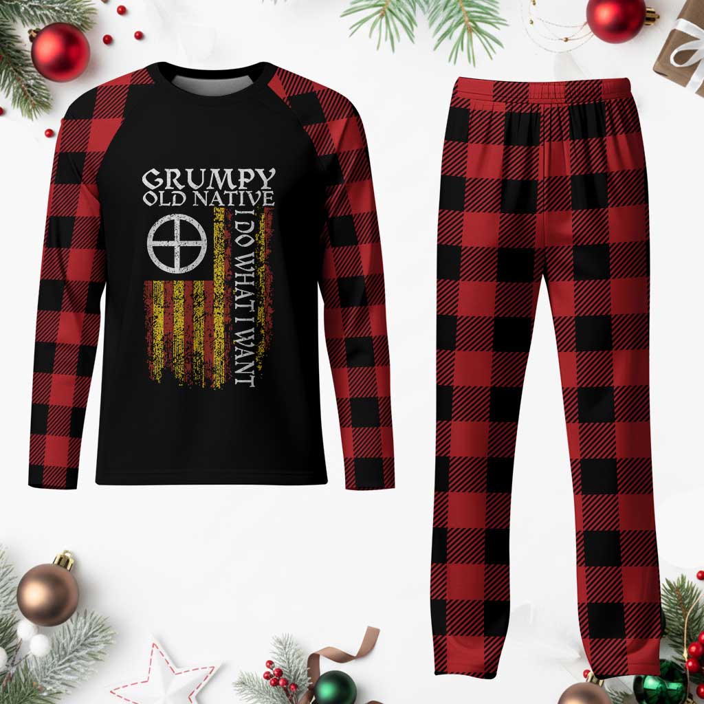Funny Native American Plaid Pajama Set Grumpy Old Native I Do What I Want American Flag