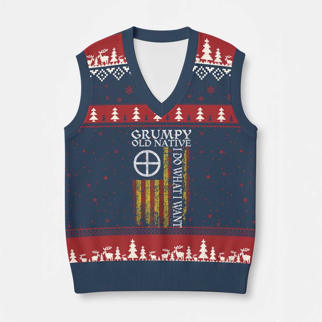 Funny Native American V-Neck Knit Sweater Vest Grumpy Old Native I Do What I Want American Flag - Wonder Print Shop