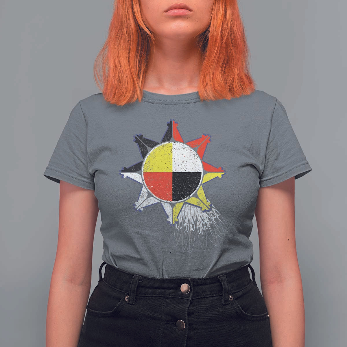 Oglala Lakota Native American Medicine Wheel Feathers T Shirt For Women - Wonder Print Shop