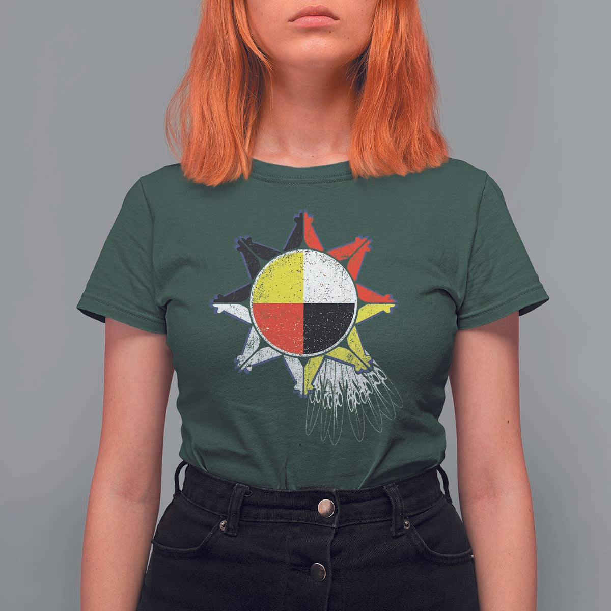 Oglala Lakota Native American Medicine Wheel Feathers T Shirt For Women - Wonder Print Shop