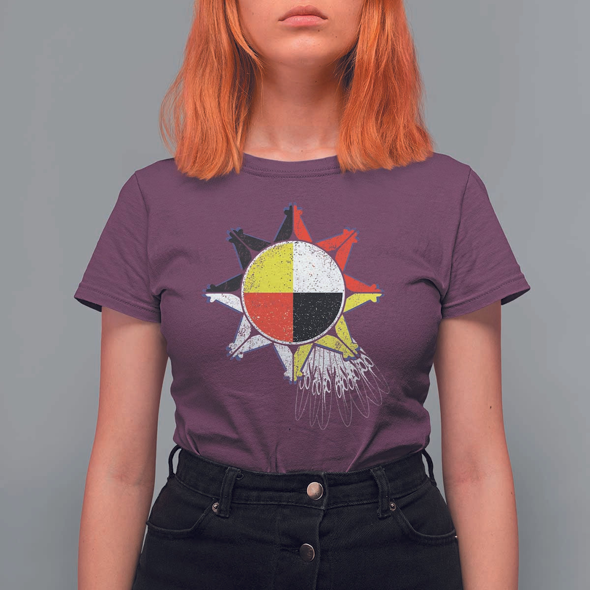 Oglala Lakota Native American Medicine Wheel Feathers T Shirt For Women - Wonder Print Shop