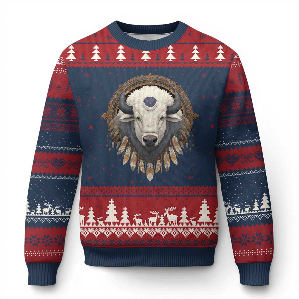Native American White Buffalo And Eagle Feathers Ugly Christmas Sweater - Wonder Print Shop