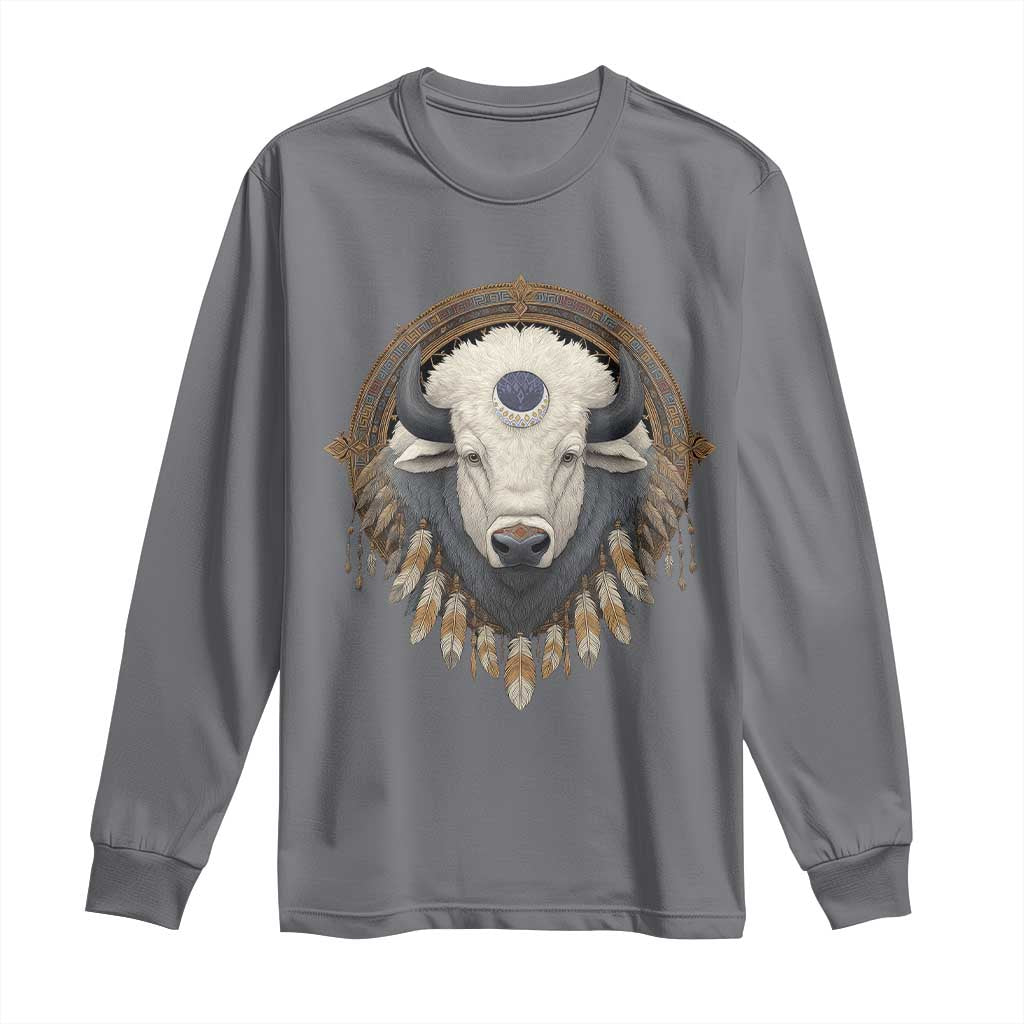 Native American White Buffalo And Eagle Feathers Long Sleeve Shirt - Wonder Print Shop