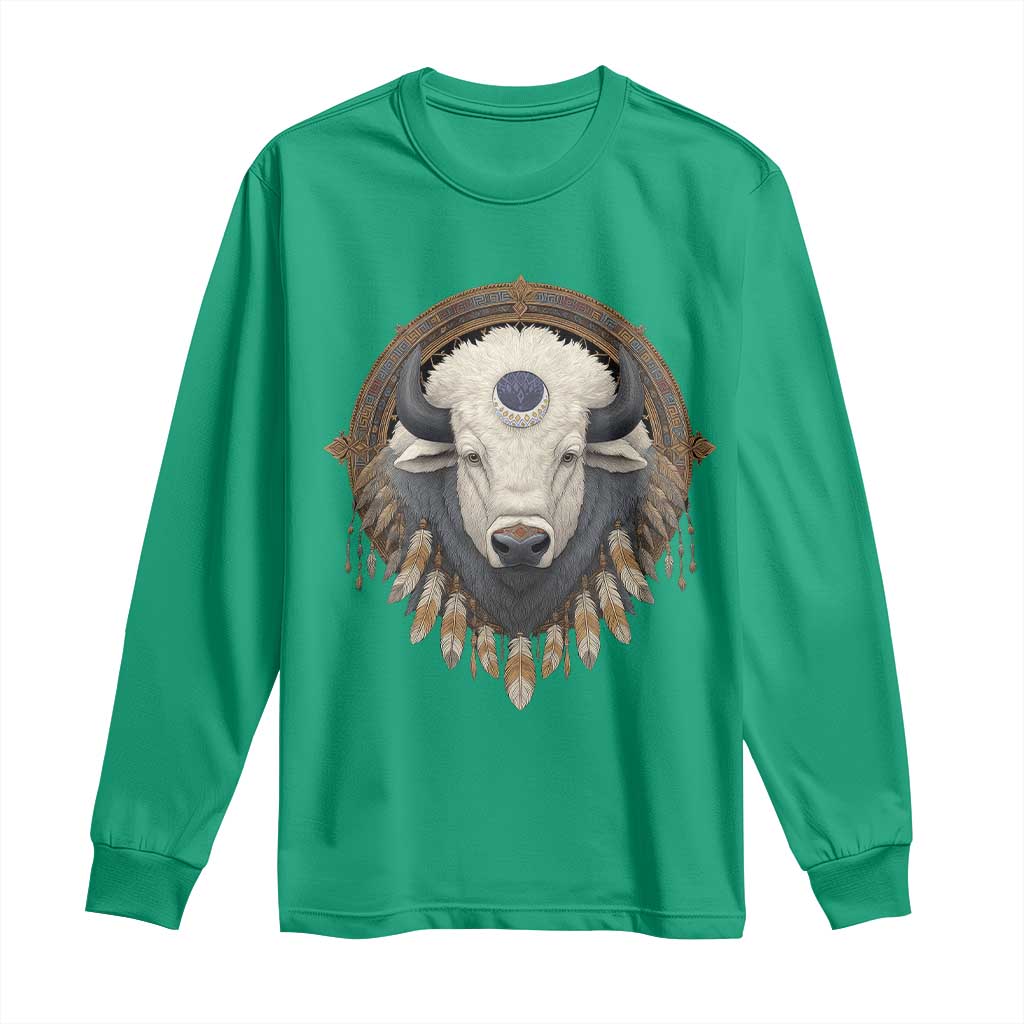 Native American White Buffalo And Eagle Feathers Long Sleeve Shirt - Wonder Print Shop