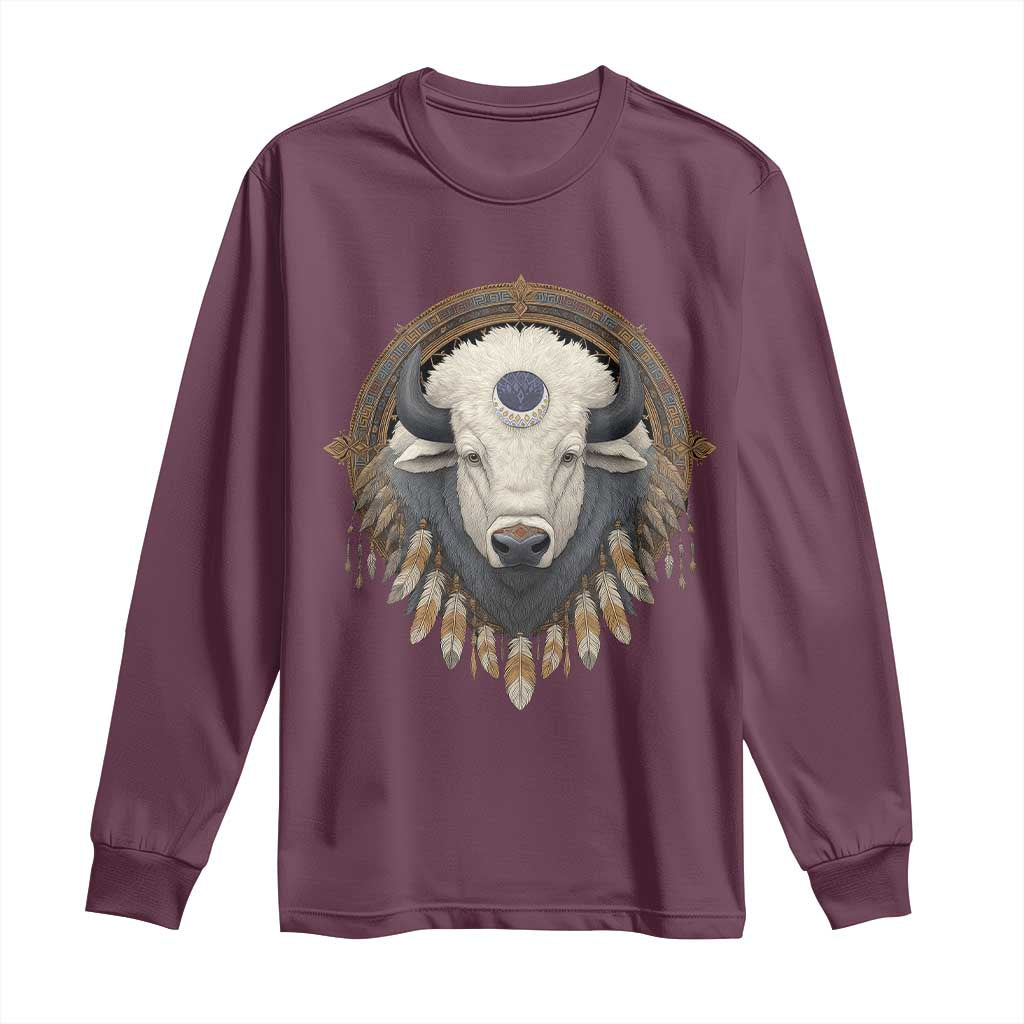 Native American White Buffalo And Eagle Feathers Long Sleeve Shirt - Wonder Print Shop