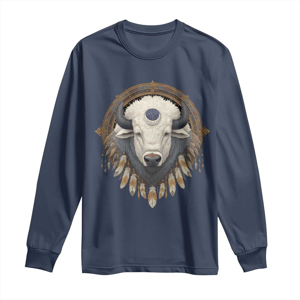 Native American White Buffalo And Eagle Feathers Long Sleeve Shirt - Wonder Print Shop