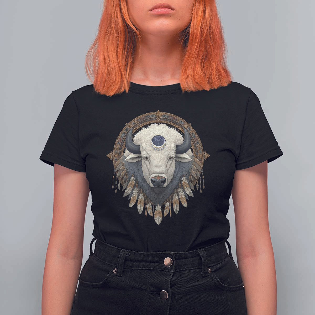 Native American White Buffalo And Eagle Feathers T Shirt For Women - Wonder Print Shop