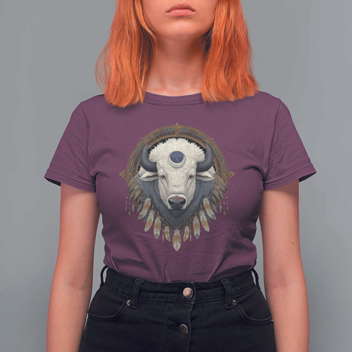 Native American White Buffalo And Eagle Feathers T Shirt For Women - Wonder Print Shop