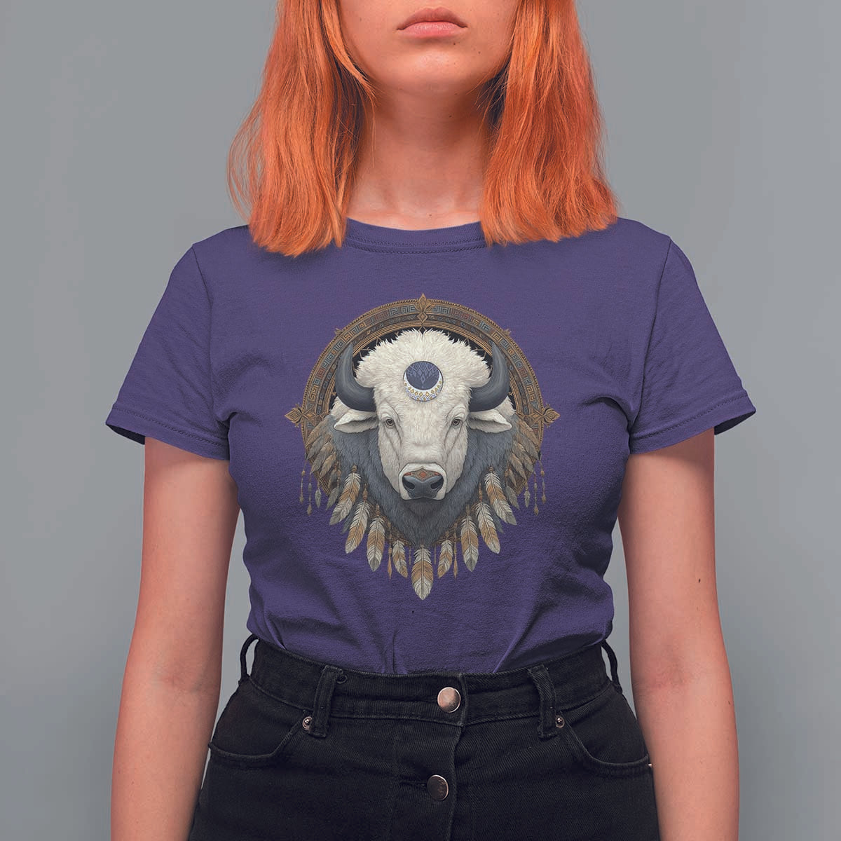 Native American White Buffalo And Eagle Feathers T Shirt For Women - Wonder Print Shop