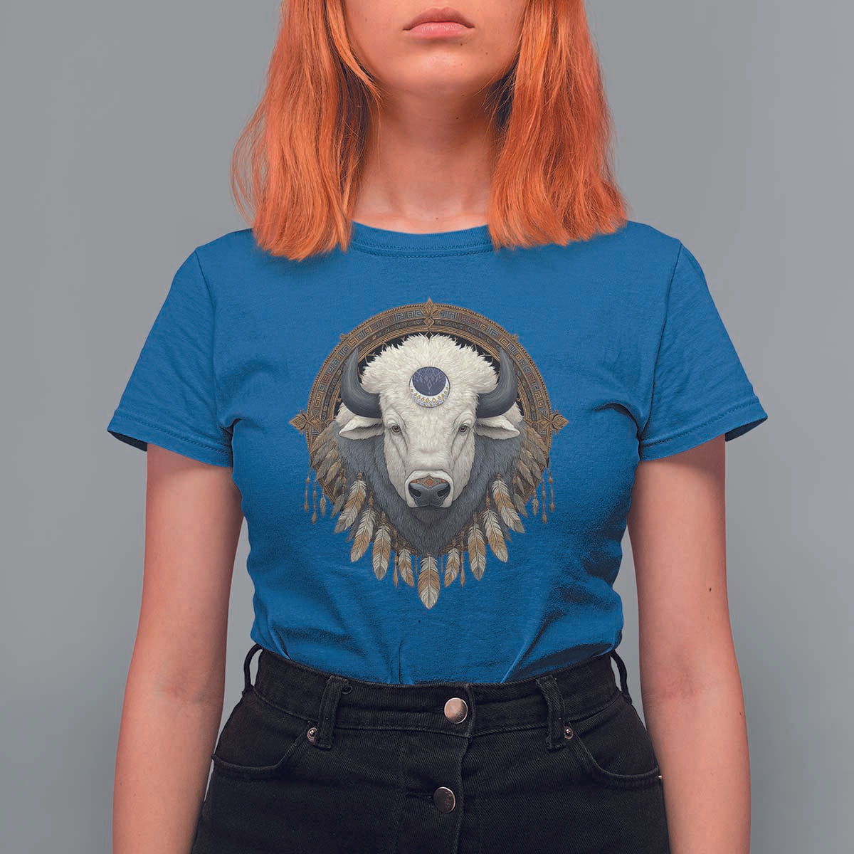 Native American White Buffalo And Eagle Feathers T Shirt For Women - Wonder Print Shop
