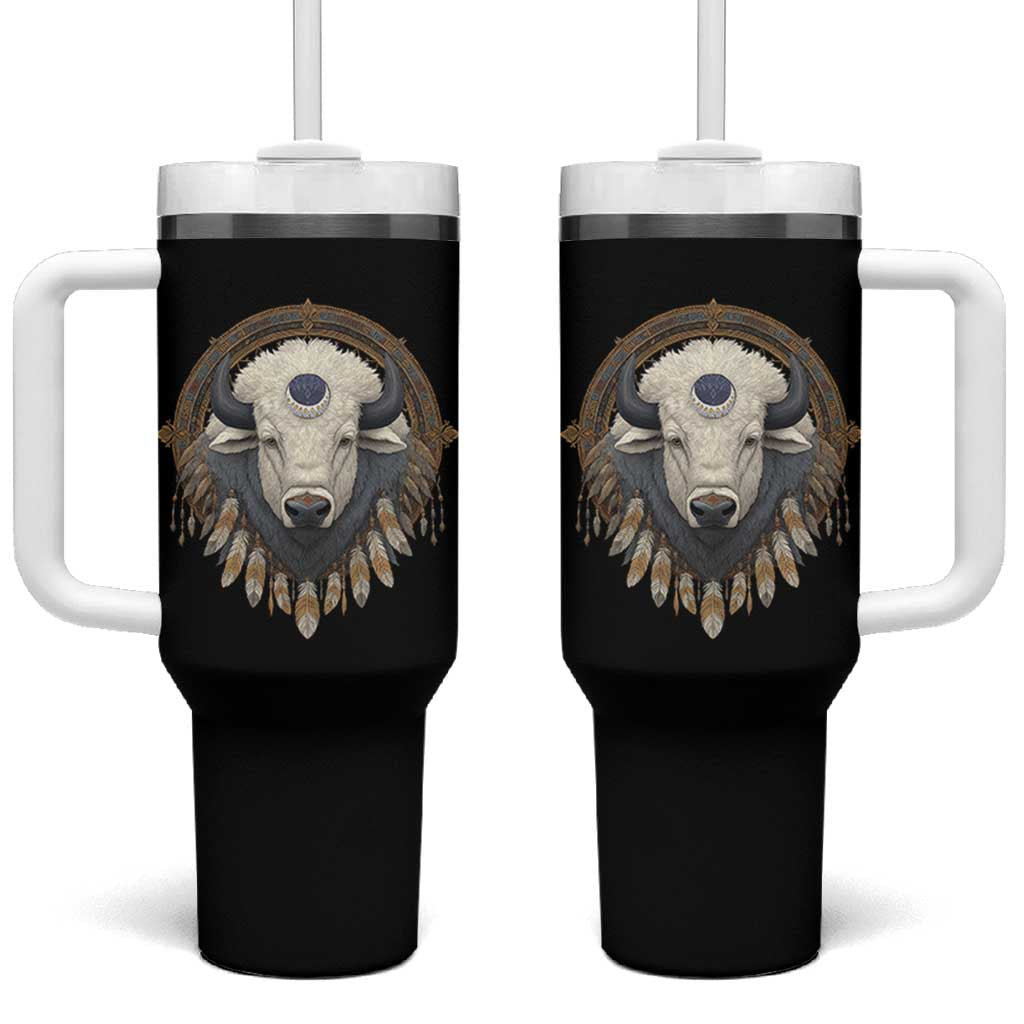 Native American White Buffalo And Eagle Feathers Tumbler With Handle - Wonder Print Shop