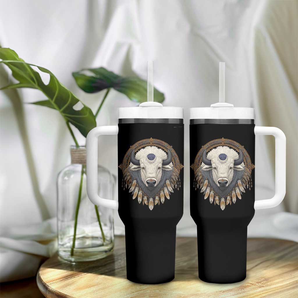 Native American White Buffalo And Eagle Feathers Tumbler With Handle - Wonder Print Shop