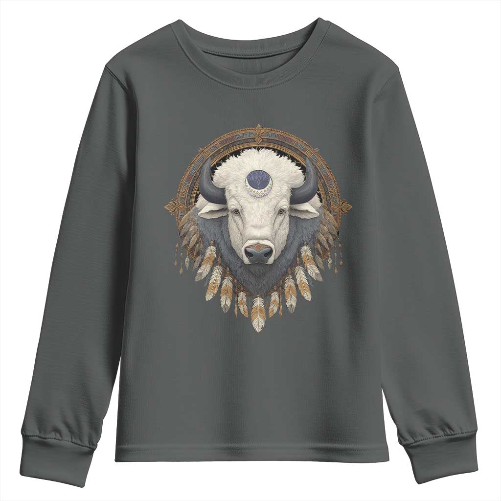 Native American White Buffalo And Eagle Feathers Youth Sweatshirt - Wonder Print Shop