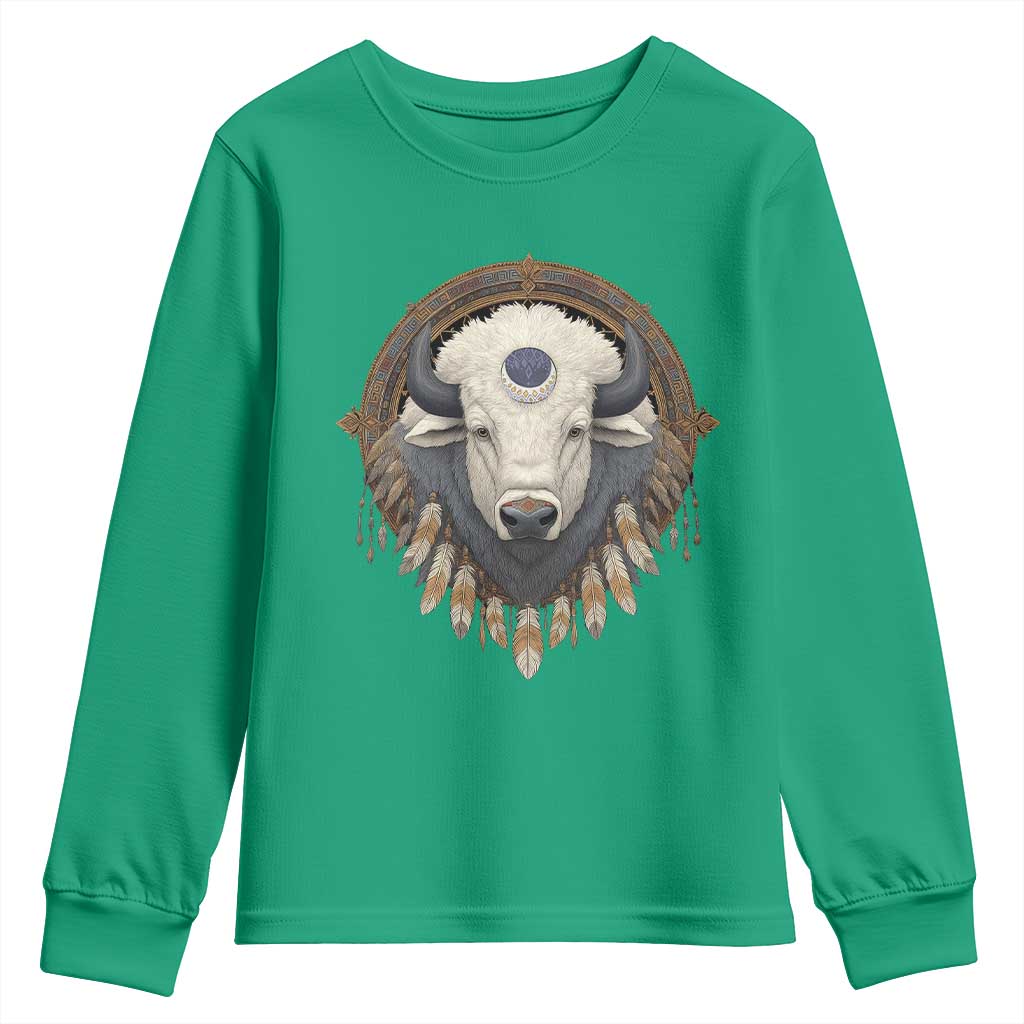 Native American White Buffalo And Eagle Feathers Youth Sweatshirt - Wonder Print Shop