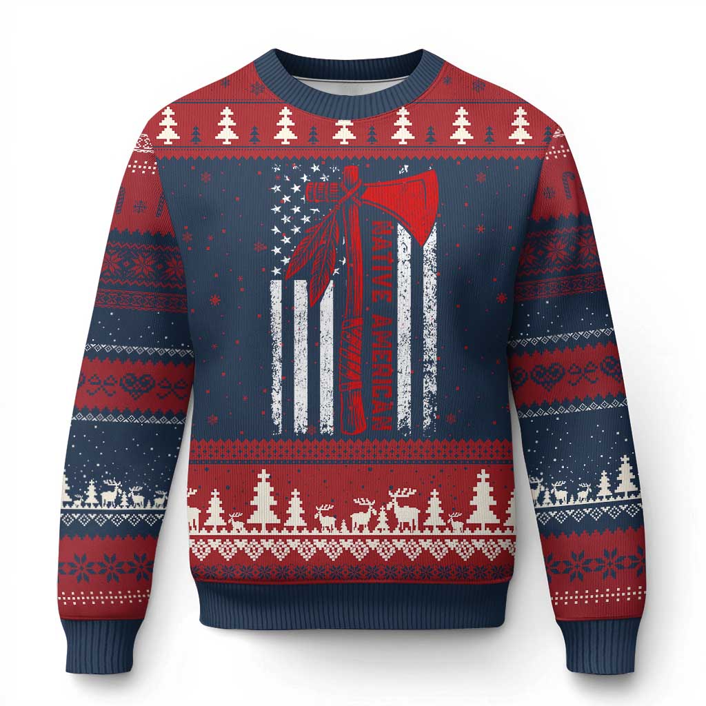 Native American Tomahawk Vintage USA Flag Tribal Tradition Ugly Christmas Sweater - Wonder Print Shop