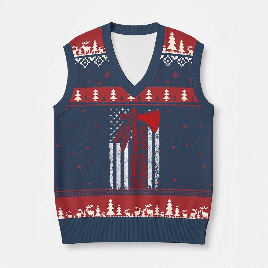 Native American Tomahawk Vintage USA Flag Tribal Tradition V-Neck Knit Sweater Vest - Wonder Print Shop