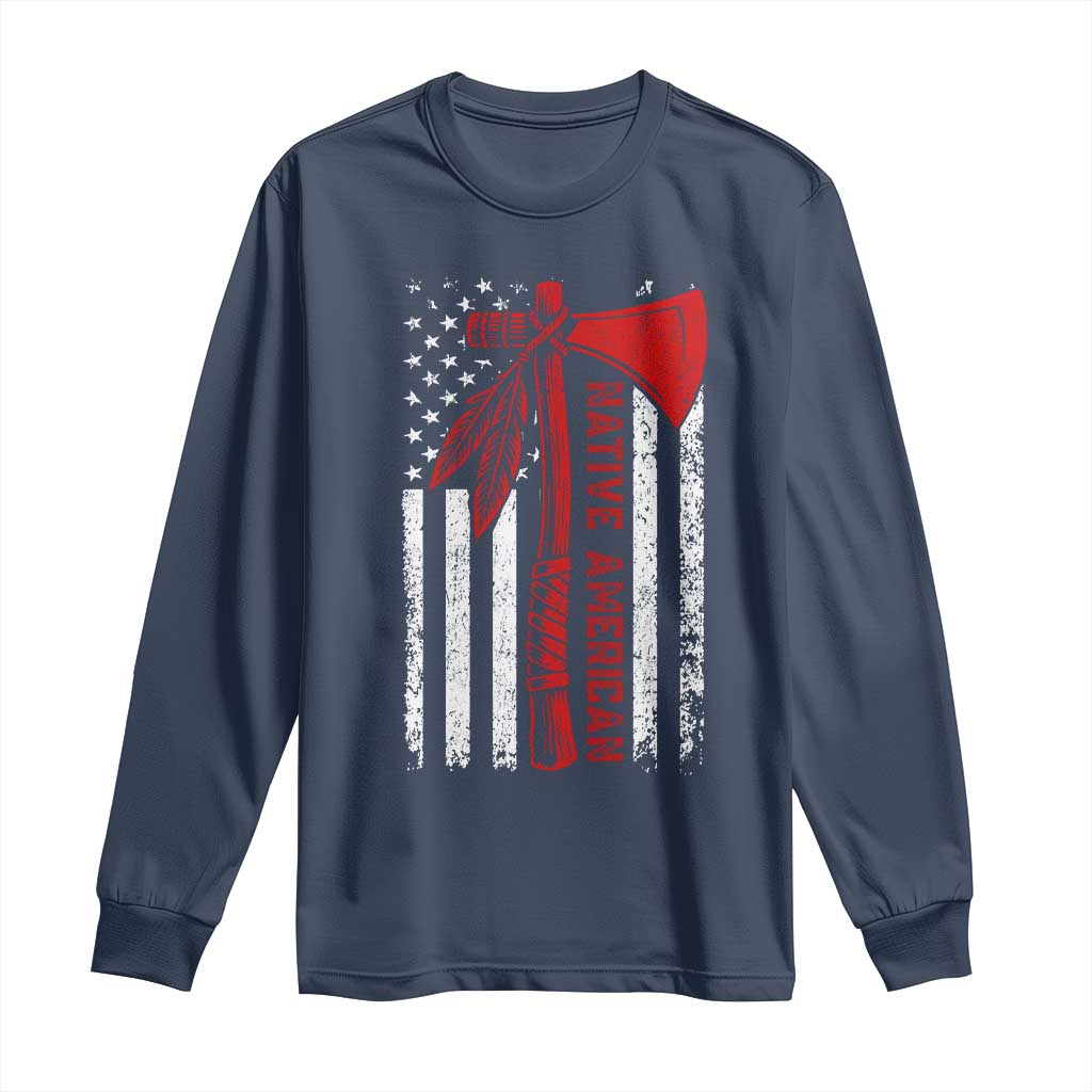Native American Tomahawk Vintage USA Flag Tribal Tradition Long Sleeve Shirt - Wonder Print Shop