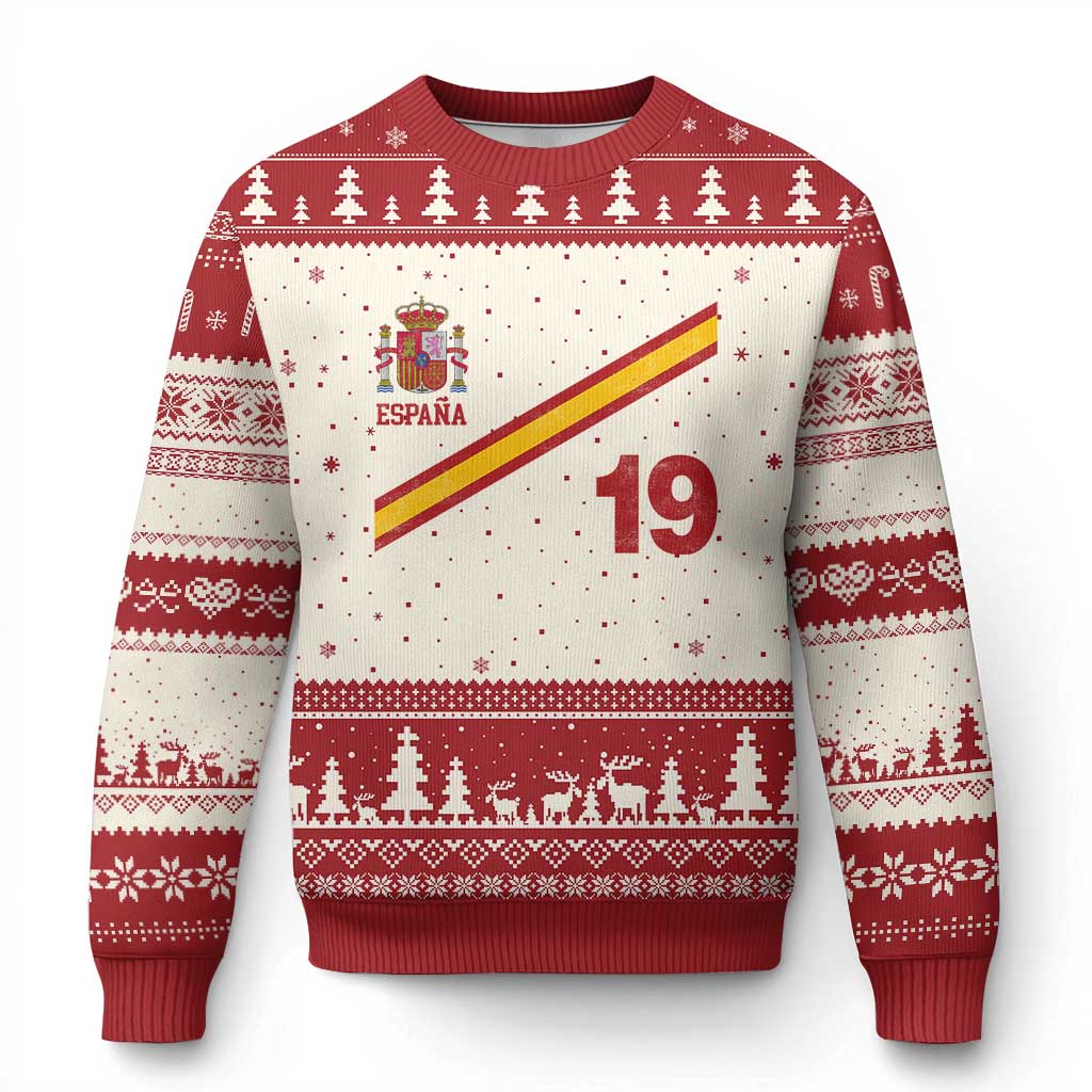 Espana Spain Football Ugly Christmas Sweater Spanish Flag Stripes Number 19 Athletic Soccer National Pride