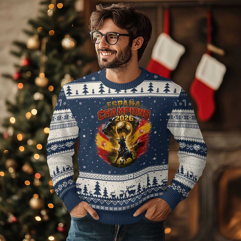 Espana Champions 2026 Ugly Christmas Sweater Spain Football Fan Spanish Bull Graphic