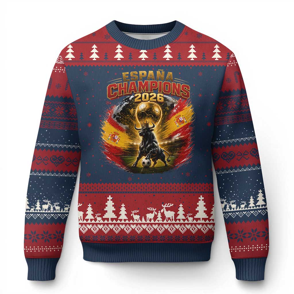 Espana Champions 2026 Ugly Christmas Sweater Spain Football Fan Spanish Bull Graphic