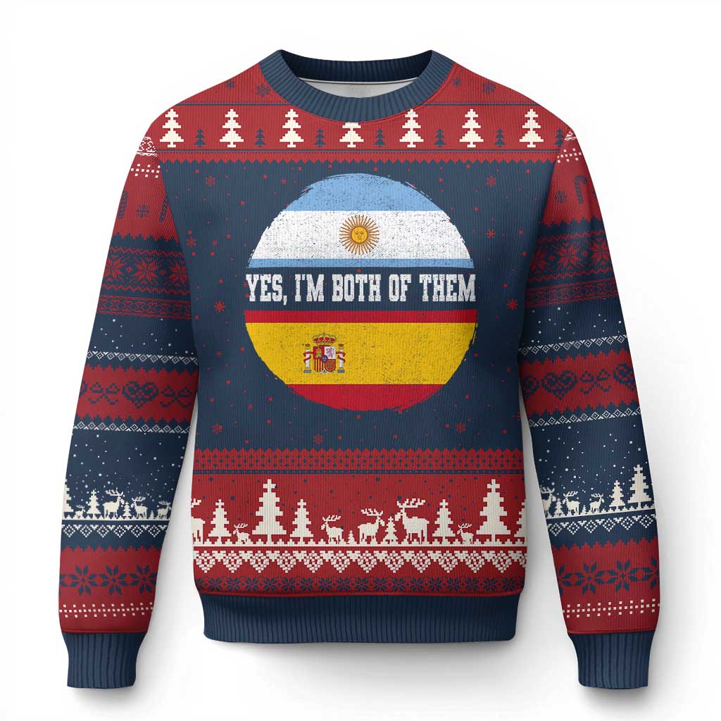 Spanish Argentinian Roots Ugly Christmas Sweater Yes I'm Both Of Them Vintage Spain Argentina Half Flag