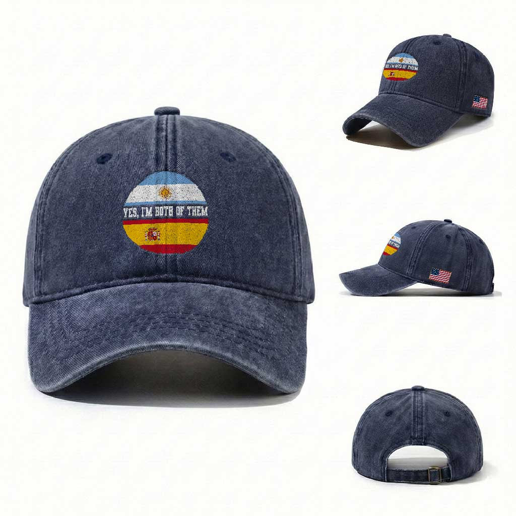 Spanish Argentinian Roots Washed Cotton Baseball Cap Yes I'm Both Of Them Vintage Spain Argentina Half Flag