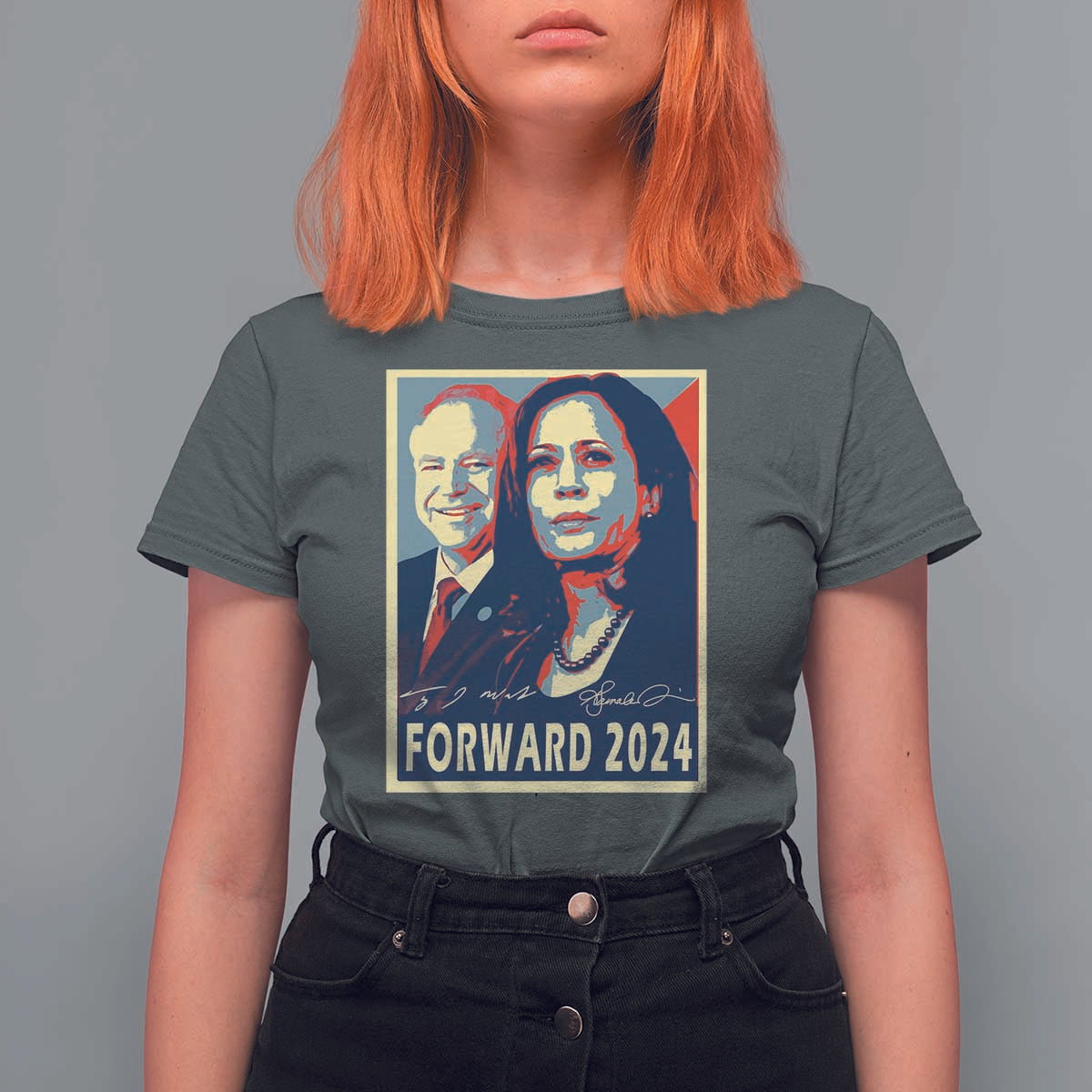 Harris Walz T Shirt For Women Forward 2024 Not Going Back Signature Portraits - Wonder Print Shop