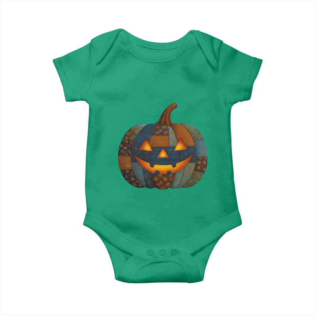 Halloween Blue Denim Patchwork Spooky Pumpkin Baby Onesie - Wonder Print Shop