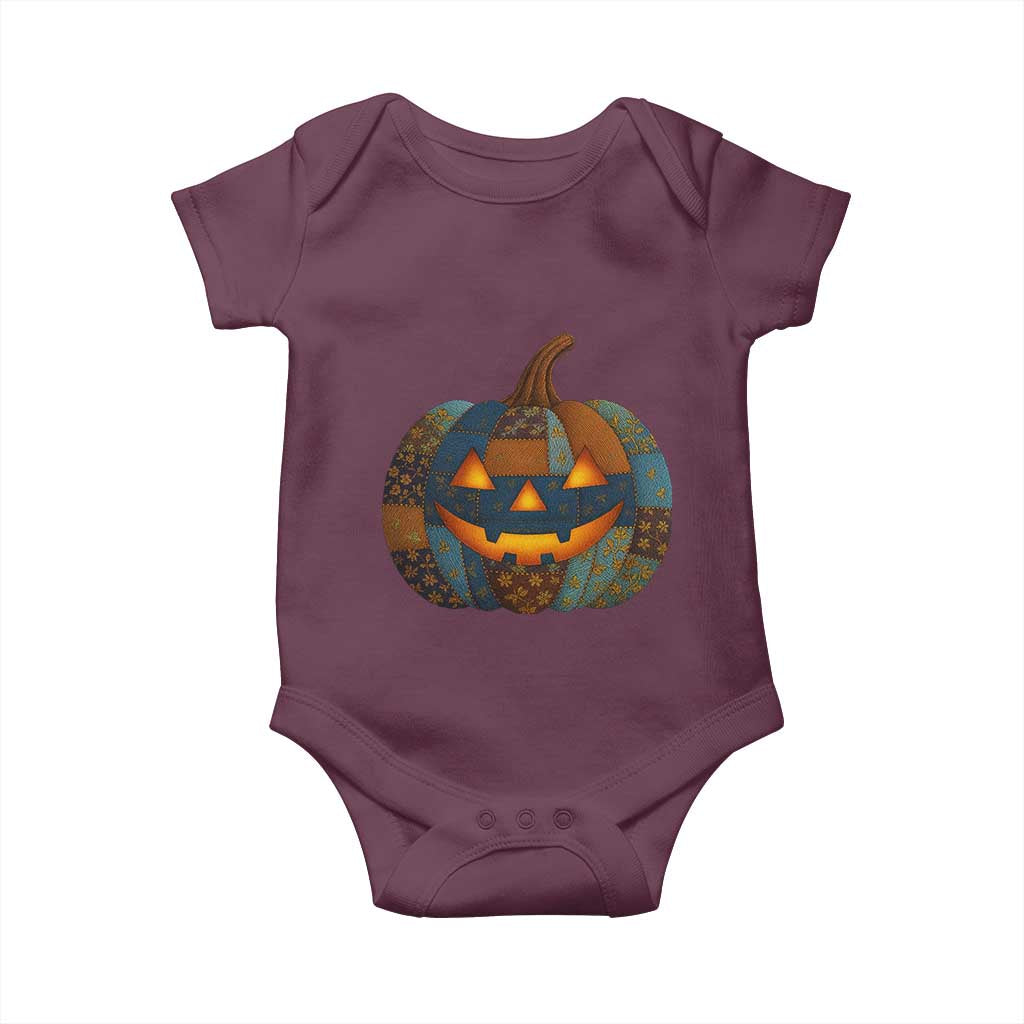 Halloween Blue Denim Patchwork Spooky Pumpkin Baby Onesie - Wonder Print Shop