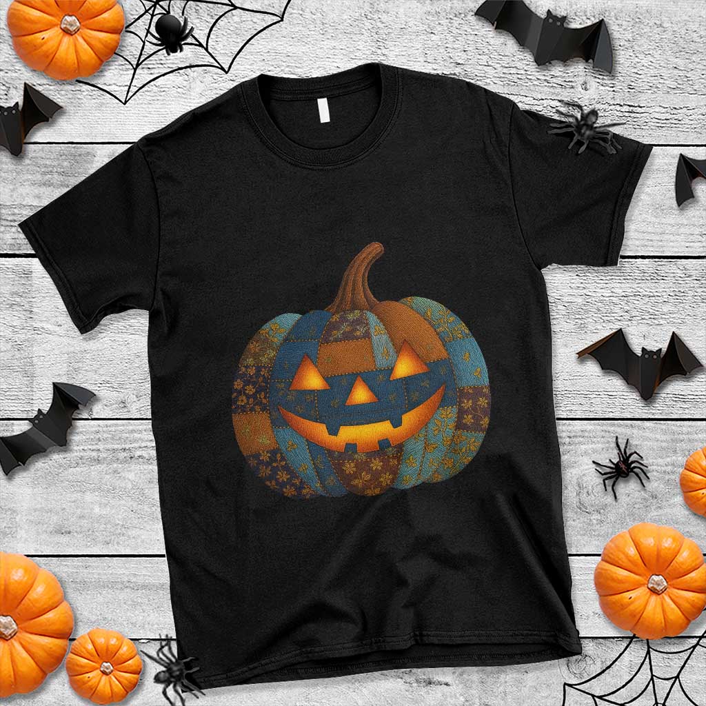 Halloween Blue Denim Patchwork Spooky Pumpkin T Shirt - Wonder Print Shop