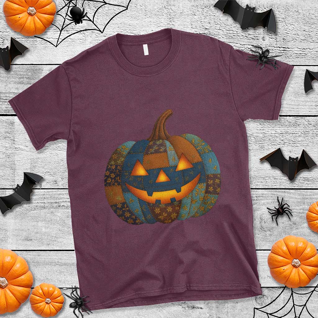Halloween Blue Denim Patchwork Spooky Pumpkin T Shirt - Wonder Print Shop