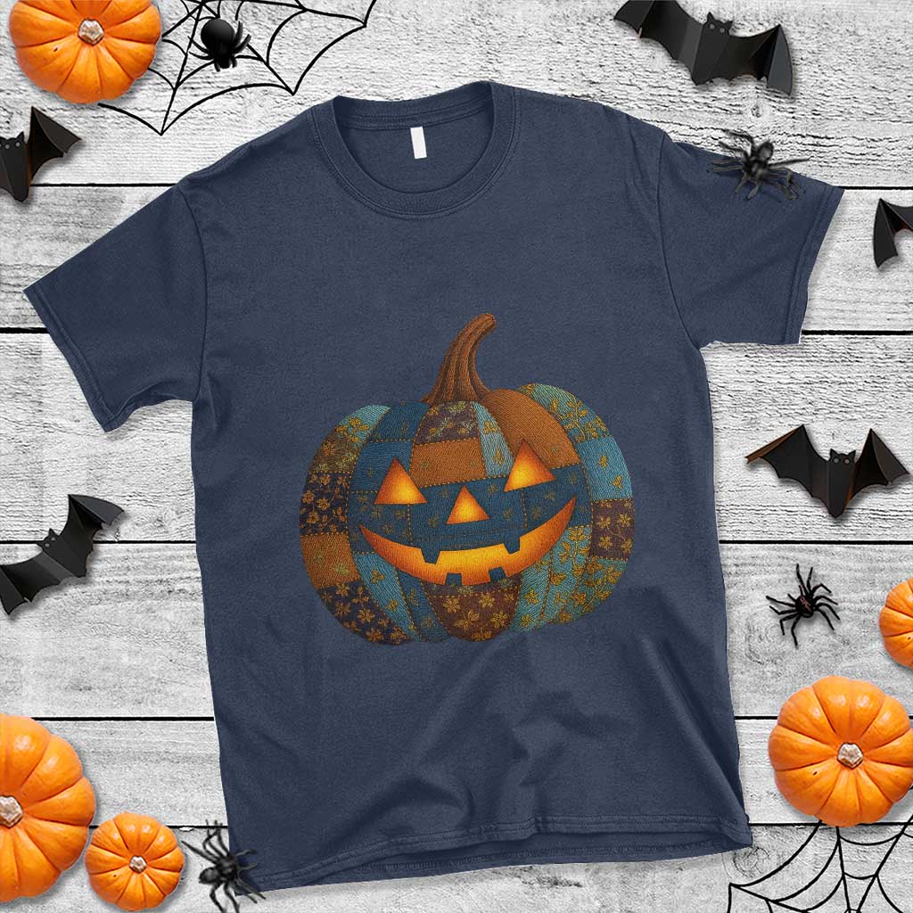 Halloween Blue Denim Patchwork Spooky Pumpkin T Shirt - Wonder Print Shop