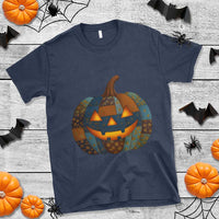 Halloween Blue Denim Patchwork Spooky Pumpkin T Shirt - Wonder Print Shop
