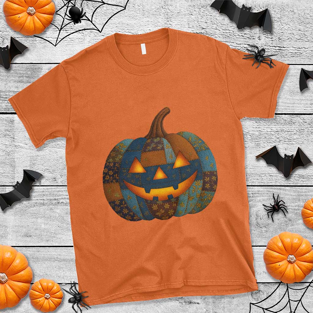 Halloween Blue Denim Patchwork Spooky Pumpkin T Shirt - Wonder Print Shop
