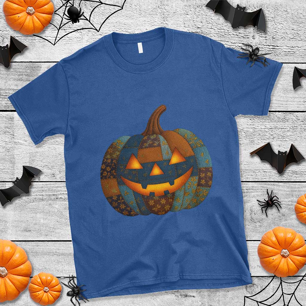 Halloween Blue Denim Patchwork Spooky Pumpkin T Shirt - Wonder Print Shop